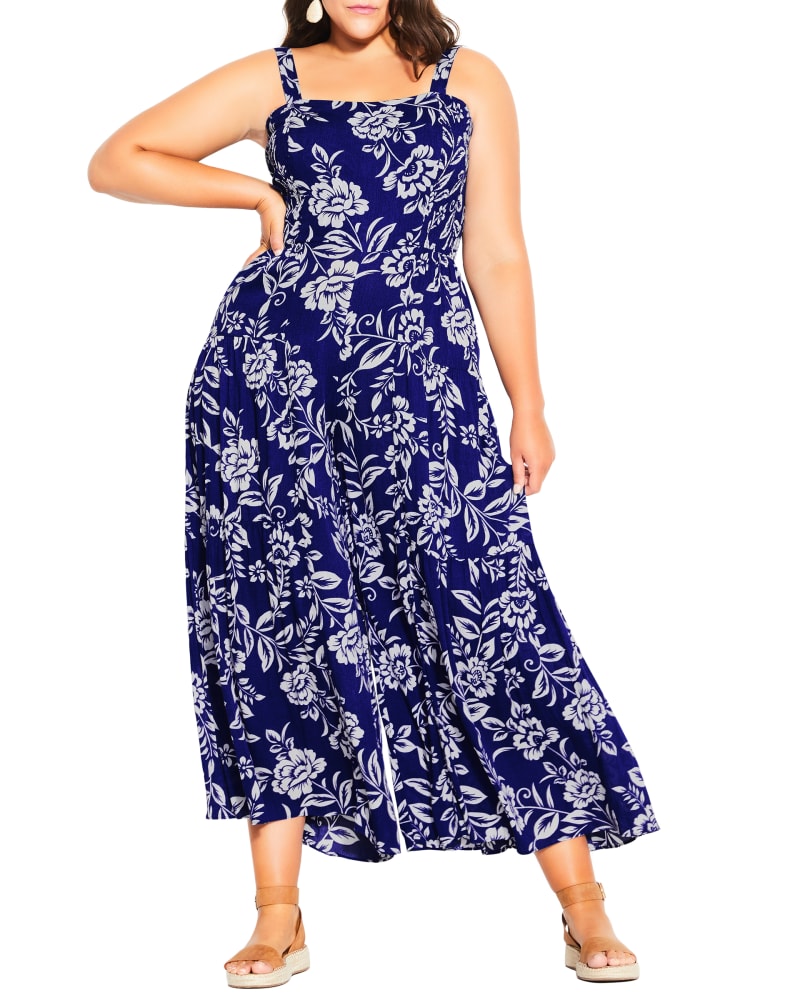 Plus size model wearing Spencer Blue Floral Wide Leg Jumpsuit by City Chic | Dia&Co | dia_product_style_image_id:191481